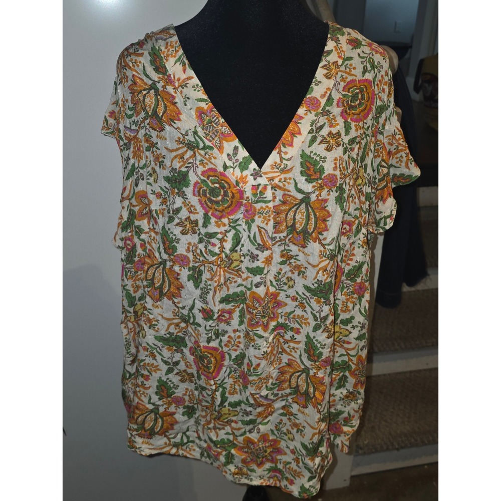 Nicole Miller New York Floral Paisley V-Neck Blouse Orange Green 2X Rayon Top
